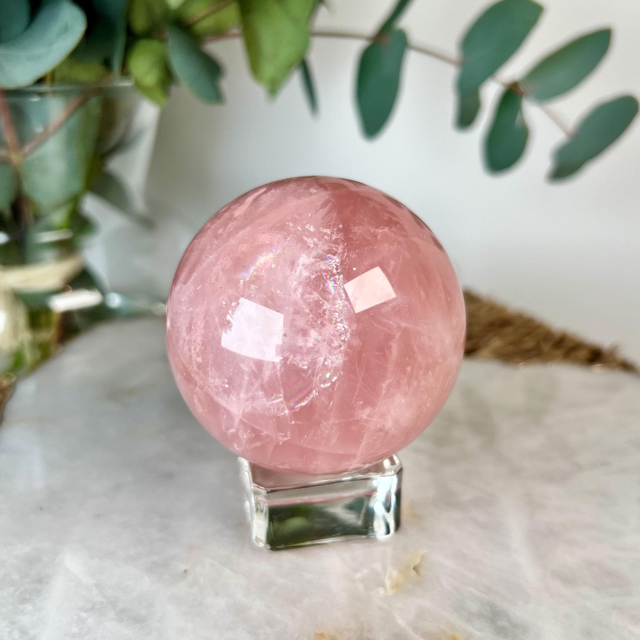 Grade AA Rose Quartz Sphere with Starlight and Rainbow | High-Vibe Heart Healing Crystal on Glass Stand | Madagascar Quartz 381g - RSQ04