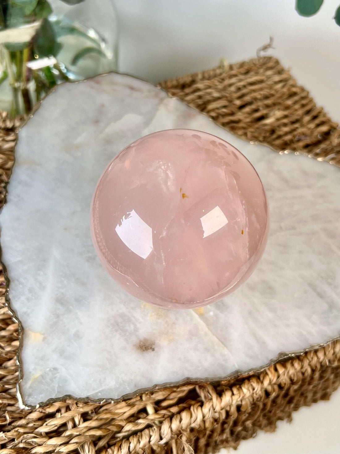 Grade AA Rose Quartz Sphere with Hematoid, Starlight and Rainbow | High-Vibe Heart Healing Crystal on Glass Stand | Madagascar 691g - RSQ06