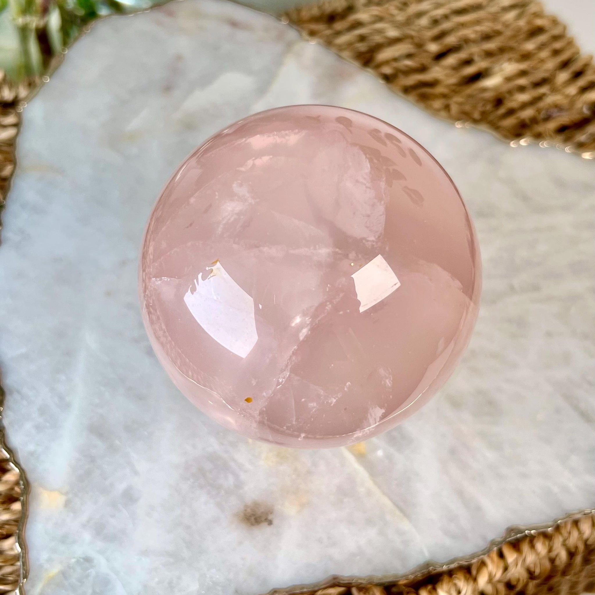 Grade AA Rose Quartz Sphere with Hematoid, Starlight and Rainbow | High-Vibe Heart Healing Crystal on Glass Stand | Madagascar 691g - RSQ06