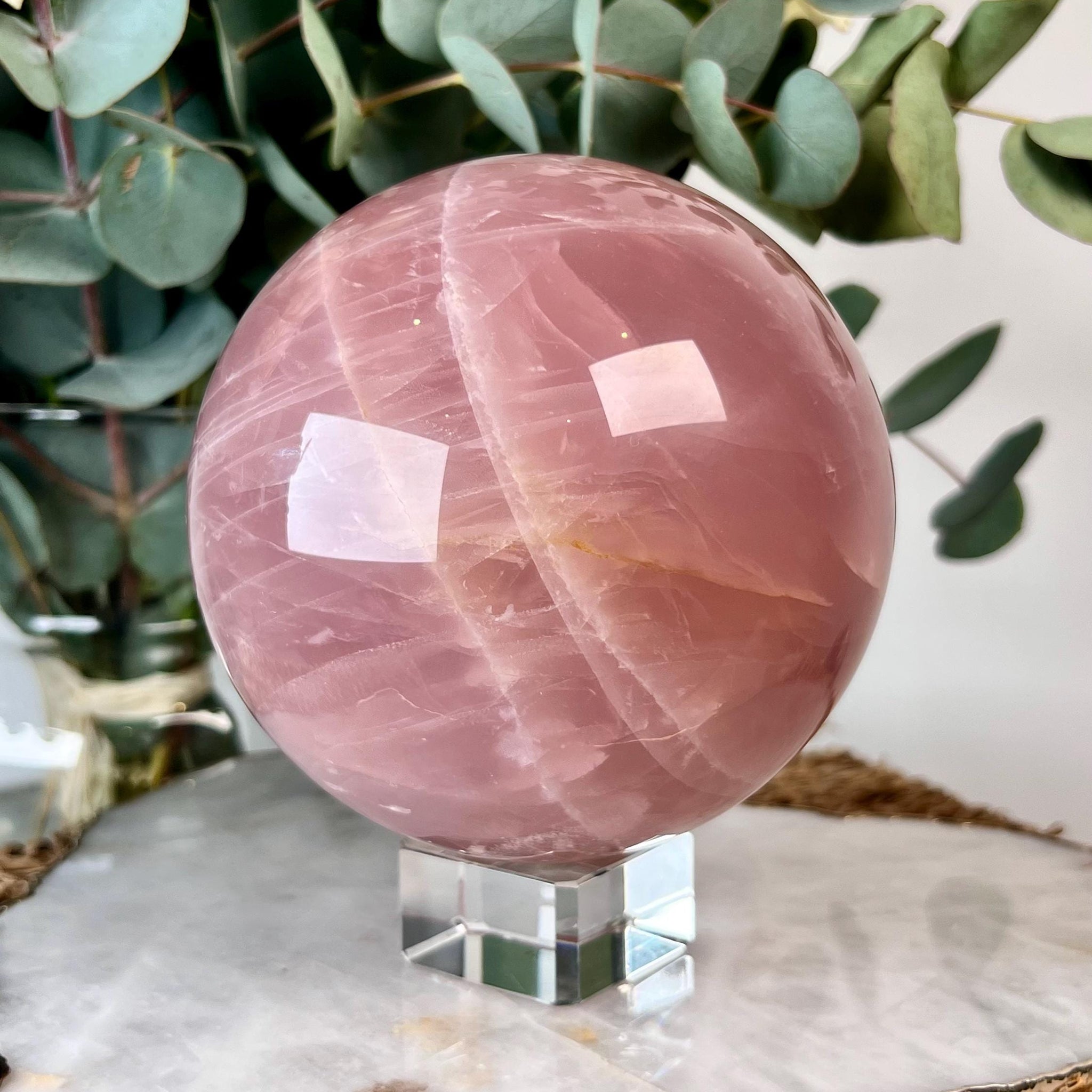 Grade AA Rose Quartz Sphere with Hematoid, Starlight and Rainbows |Heart Healing Crystal on Glass Stand | From Madagascar 2335g - RSQ10