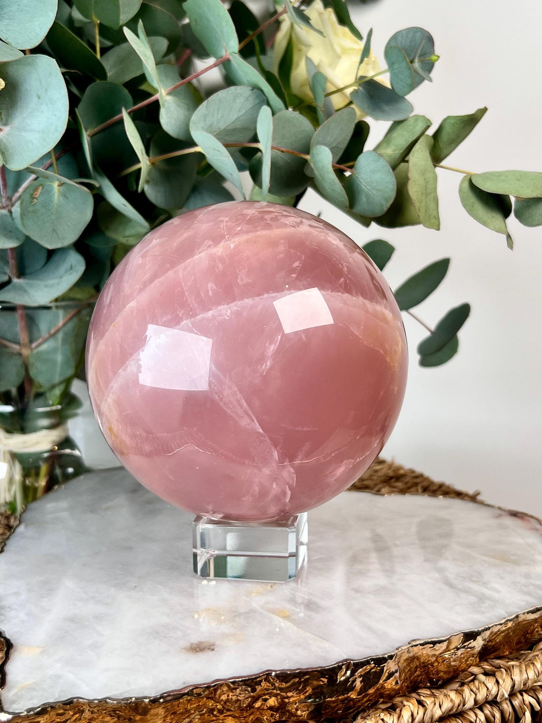 Grade AA Rose Quartz Sphere with Hematoid, Starlight and Rainbows |Heart Healing Crystal on Glass Stand | From Madagascar 2335g - RSQ10