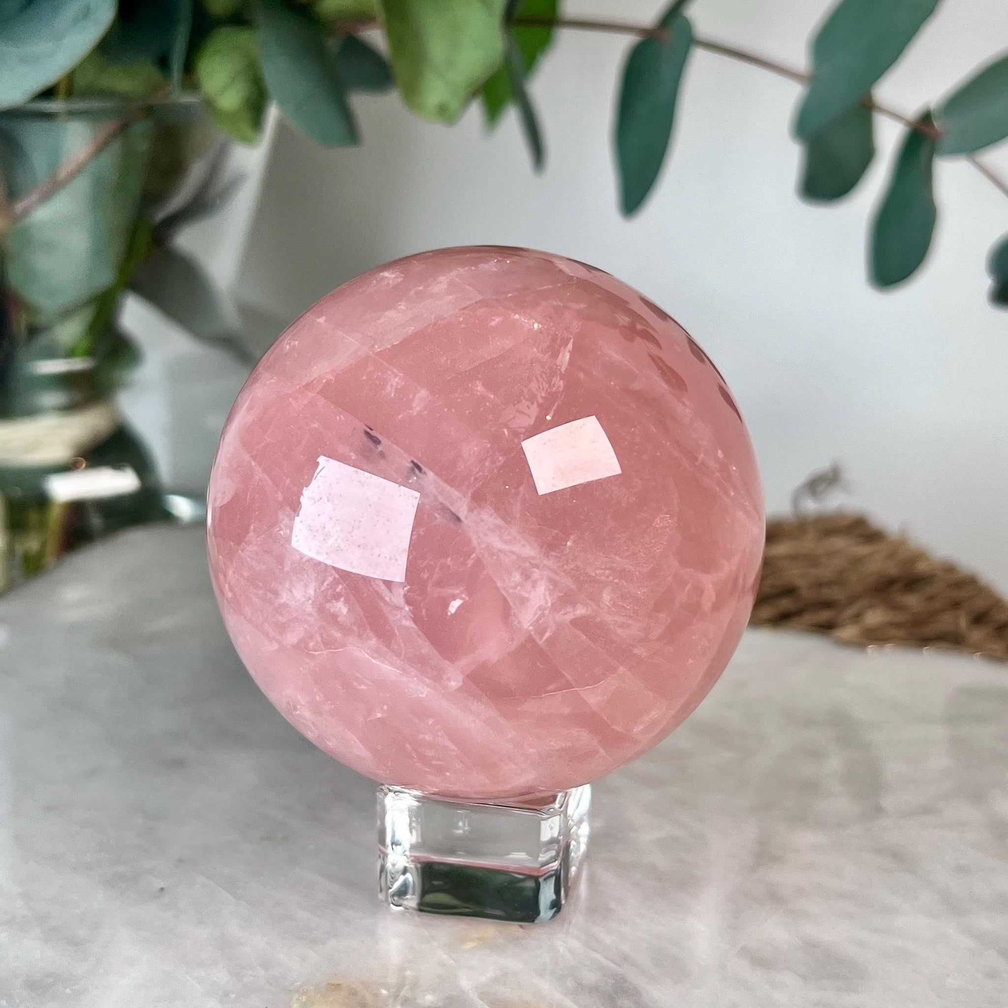 Grade AA Rose Quartz Sphere with Black Hematite, Starlight and Rainbow |Heart Healing Crystal on Glass Stand | From Madagascar 509g - RSQ13