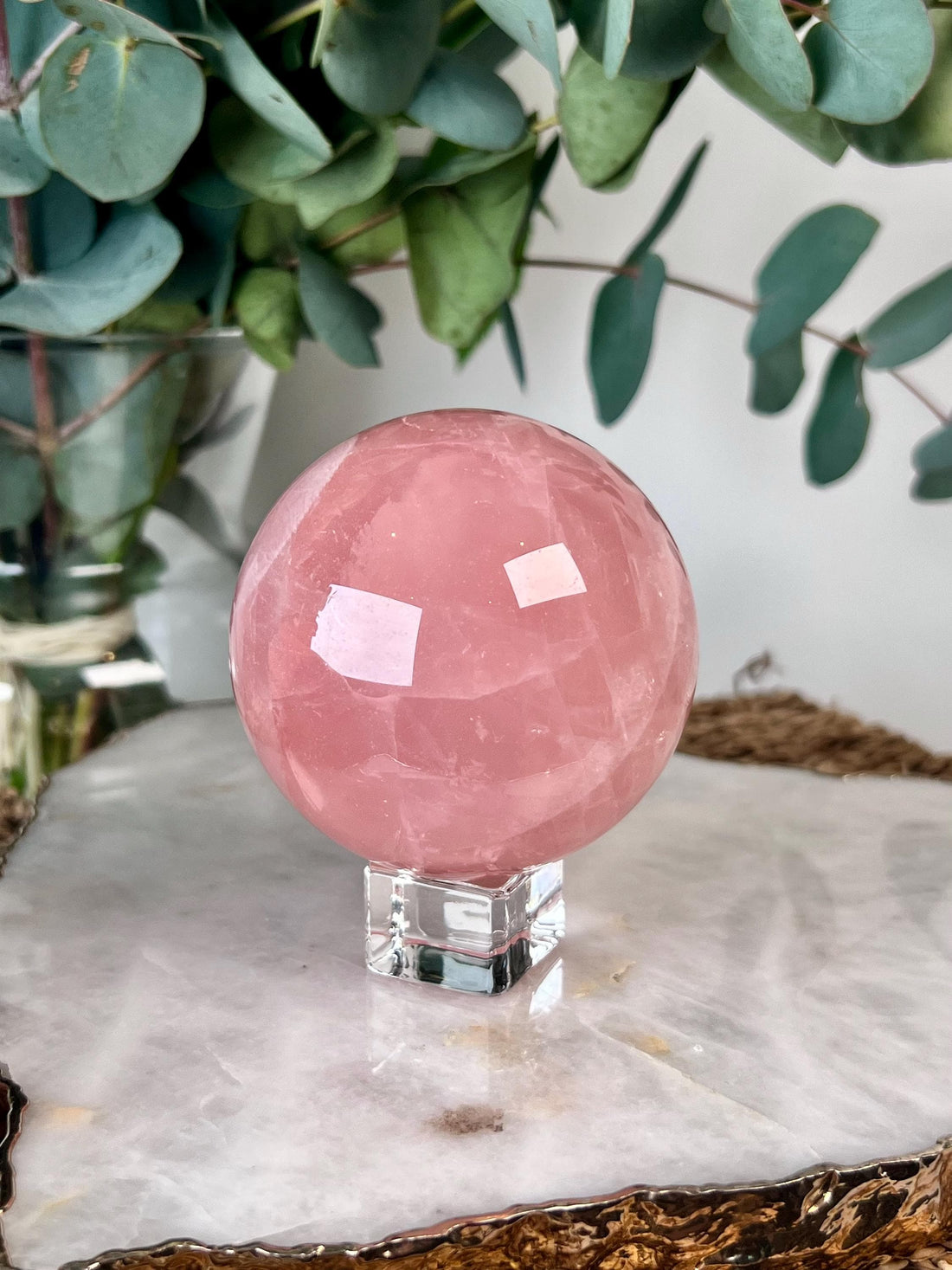 Grade AA Rose Quartz Sphere with Black Hematite, Starlight and Rainbow |Heart Healing Crystal on Glass Stand | From Madagascar 509g - RSQ13