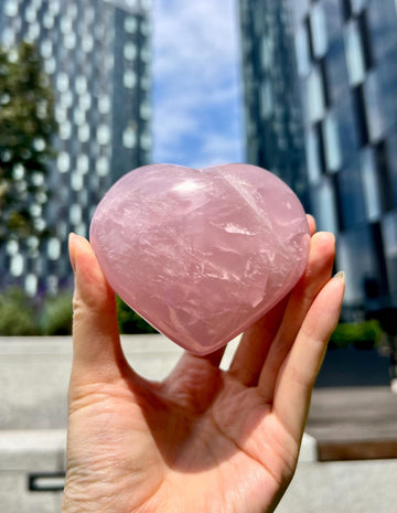 Grade A Rose Quartz Heart with Iron, Rainbow & Starlight | High-Vibe Crystal from Madagascar | Love • Healing • Radiance, RH21, 403g
