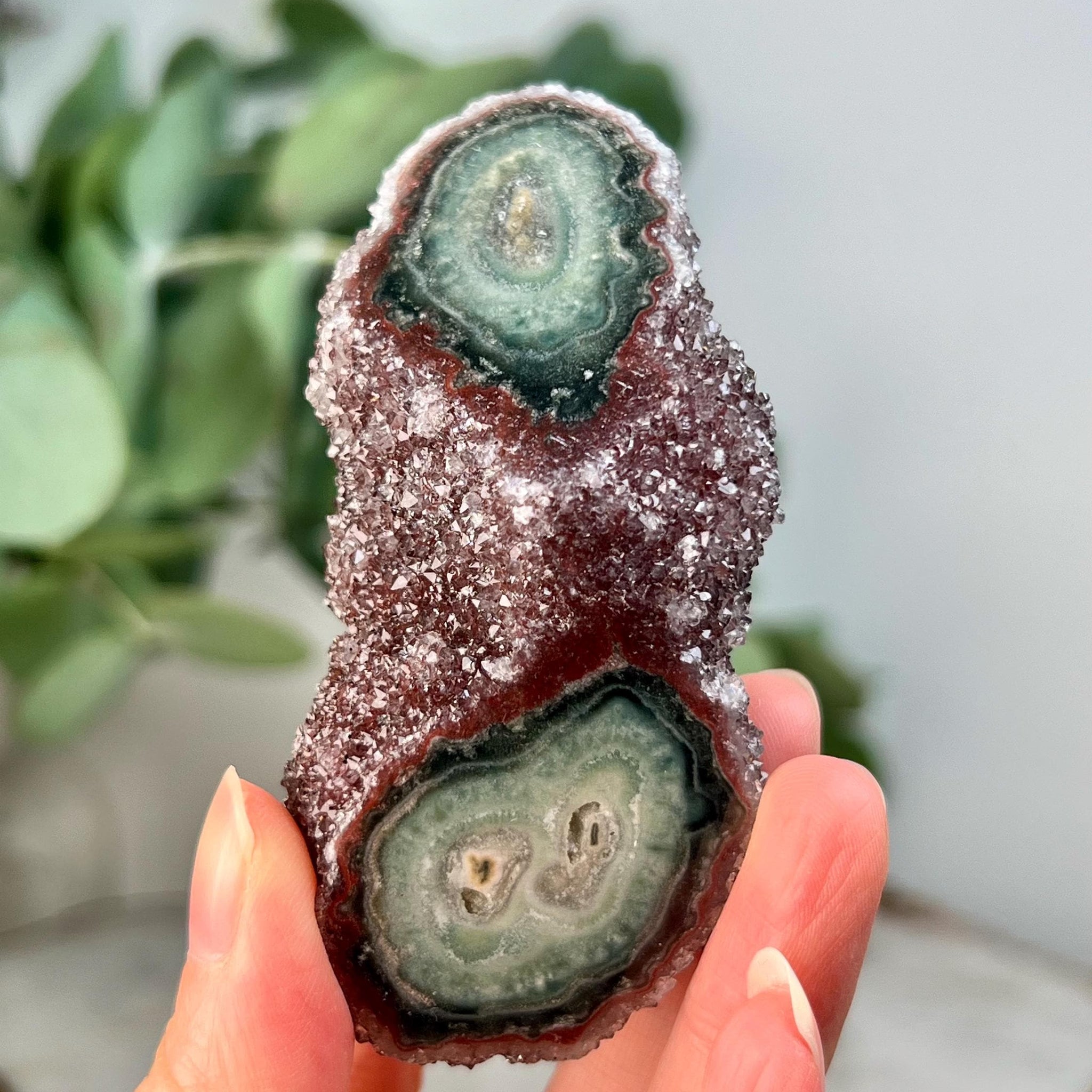 Grade AA Natural Red Druzy with Green Jasper Stalactite Eye from Uruguay – Rainbow Amethyst, Crown, Heart and Root Chakra, US130, 115g