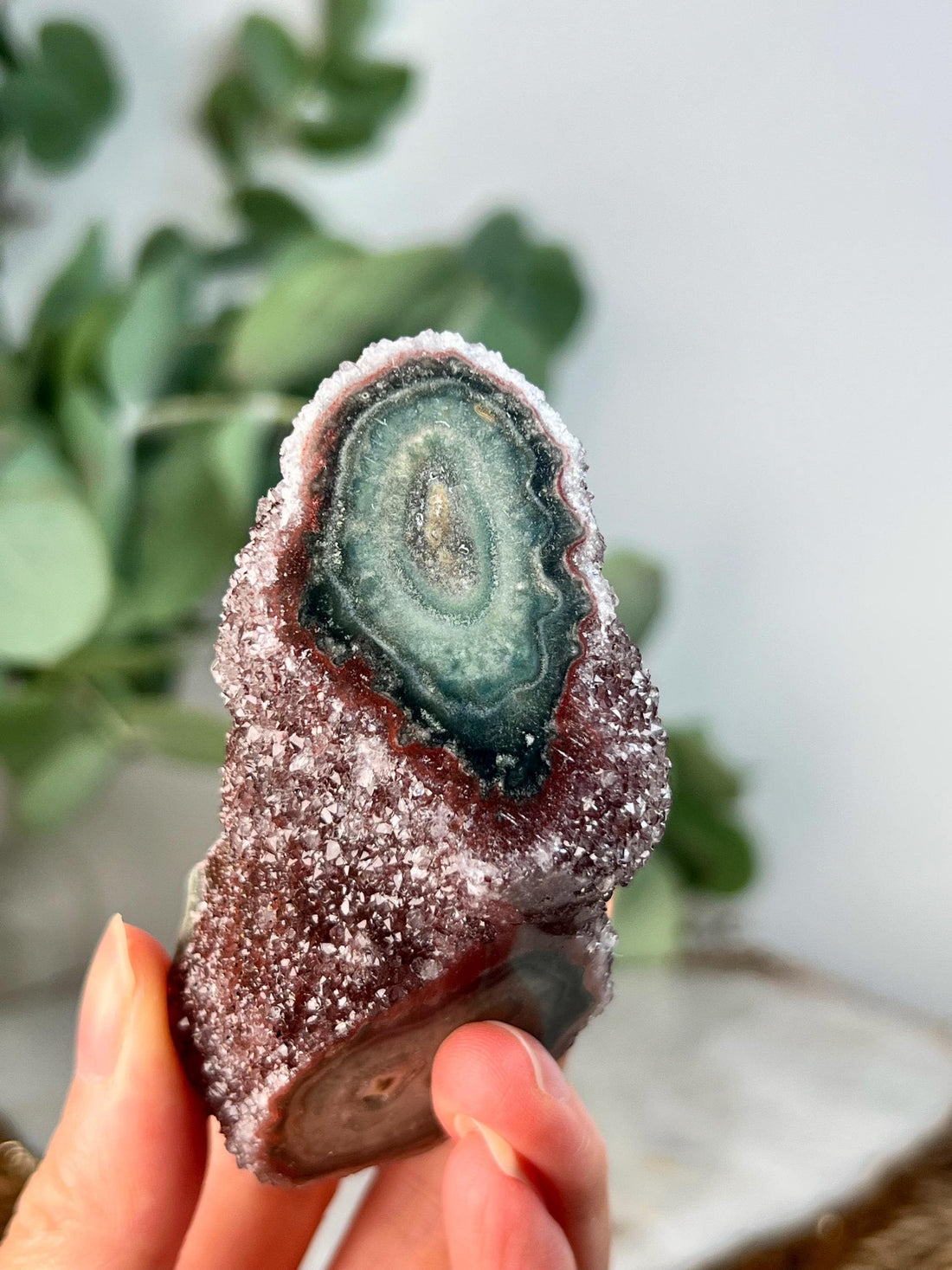 Grade AA Natural Red Druzy with Green Jasper Stalactite Eye from Uruguay – Rainbow Amethyst, Crown, Heart and Root Chakra, US130, 115g