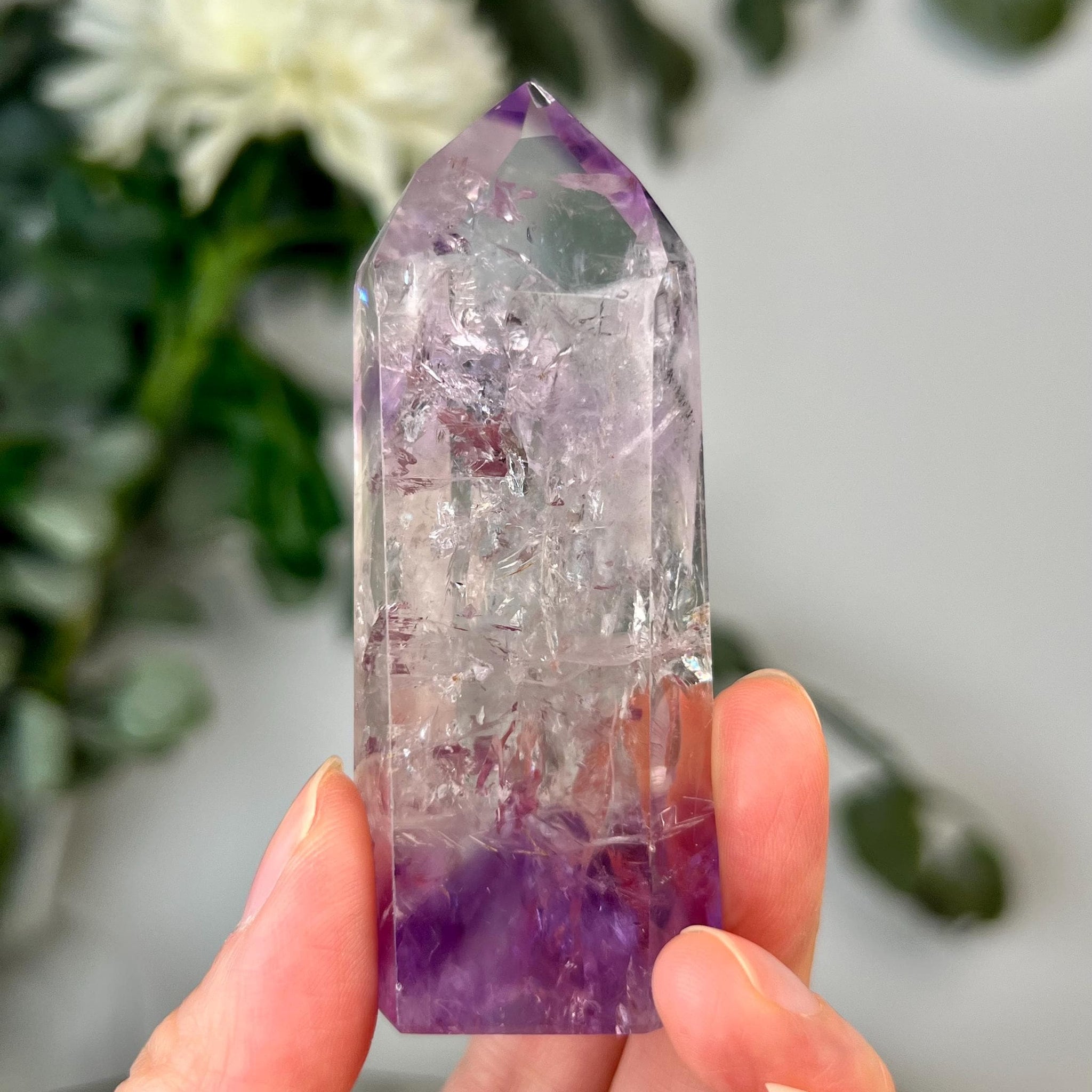 Grade A+ Phantom Amethyst Quartz Tower with Rainbows and Black Hematite Inclusion | Bahia Brazil | Energetically Activated PA15, 84g
