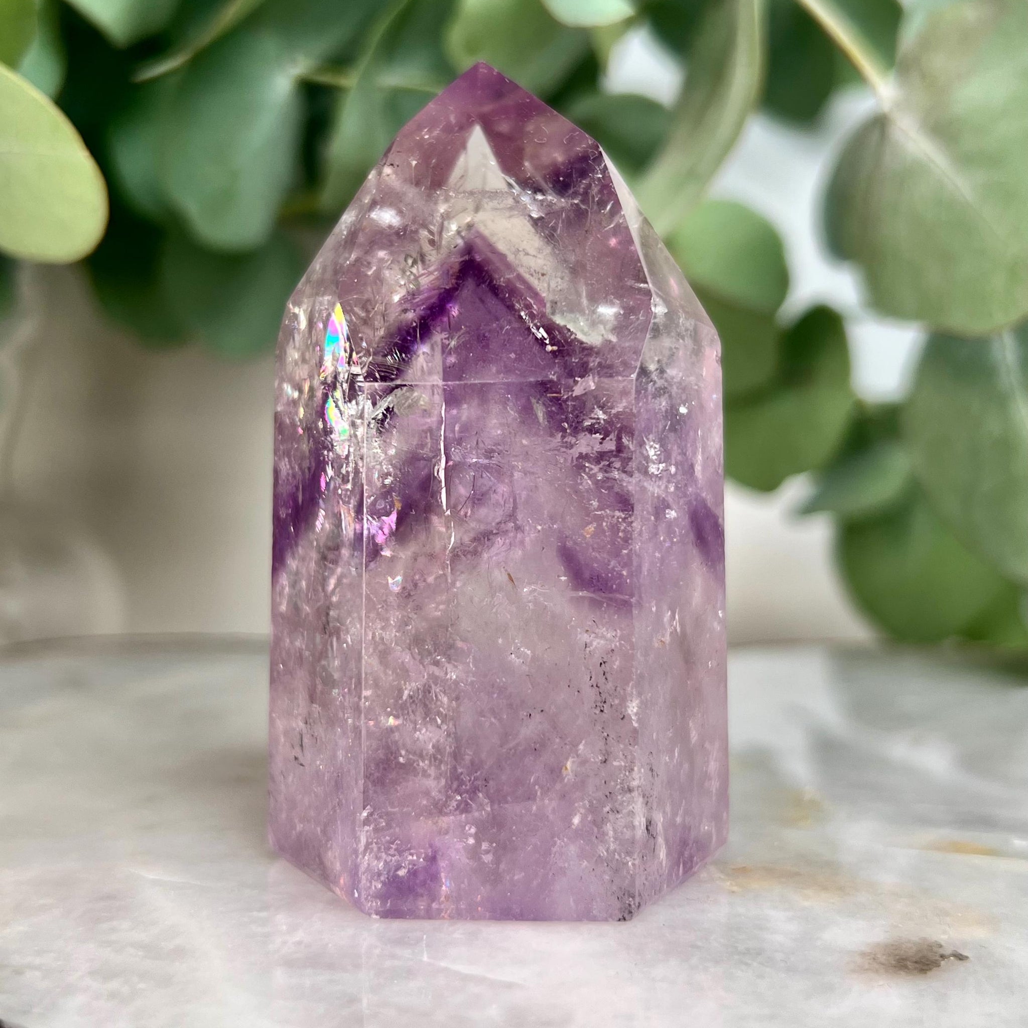 Grade A Phantom Amethyst Quartz Tower with Hematite and Rainbows | Bahia Brazil | Energetically Activated PA26, 218g