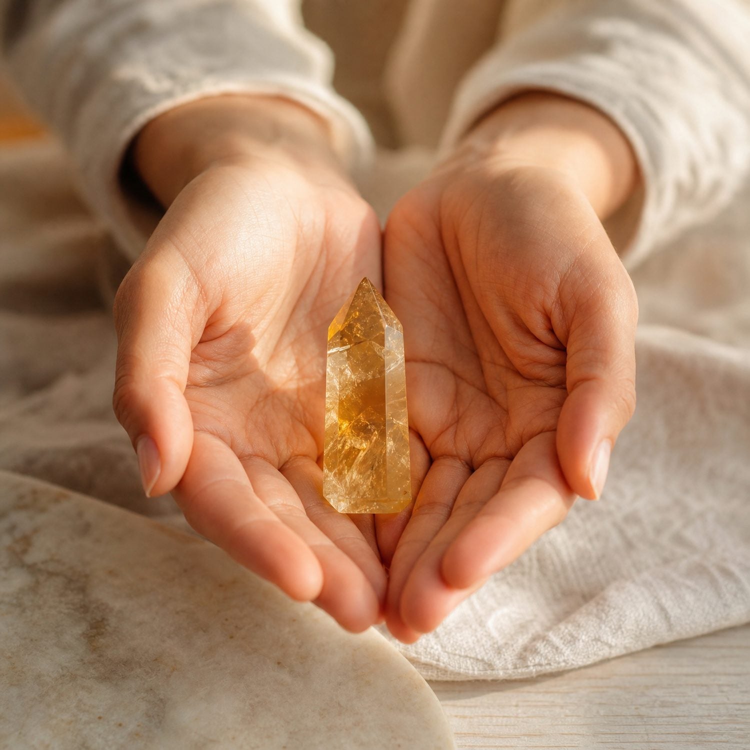 Two open hands holding a raw citrine point in warm daylight