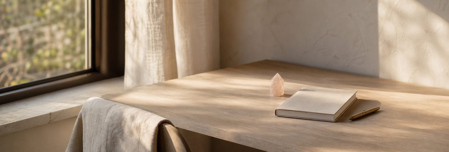 A cleared desk beside a window with a crystal and a journal in morning light