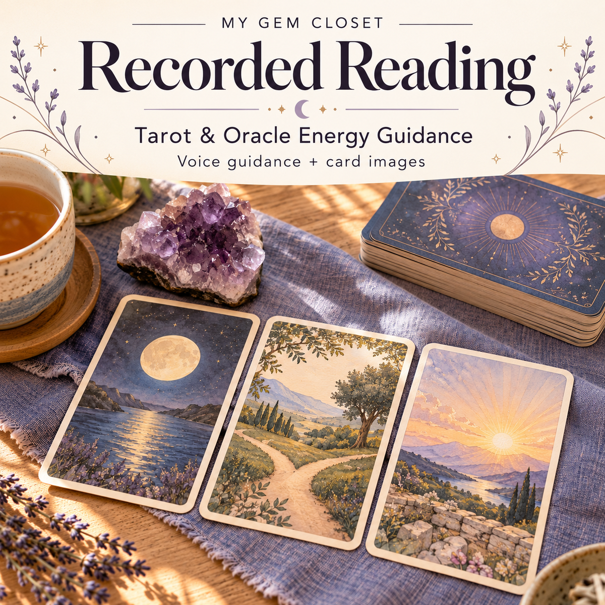 Recorded Tarot & Oracle Energy Guidance: voice guidance with card images. Illustrated cards on lavender linen beside tea and amethyst.