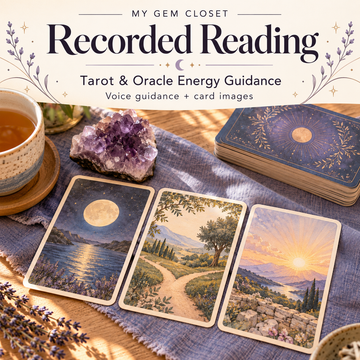 Recorded Tarot & Oracle Energy Guidance: voice guidance with card images. Illustrated cards on lavender linen beside tea and amethyst.